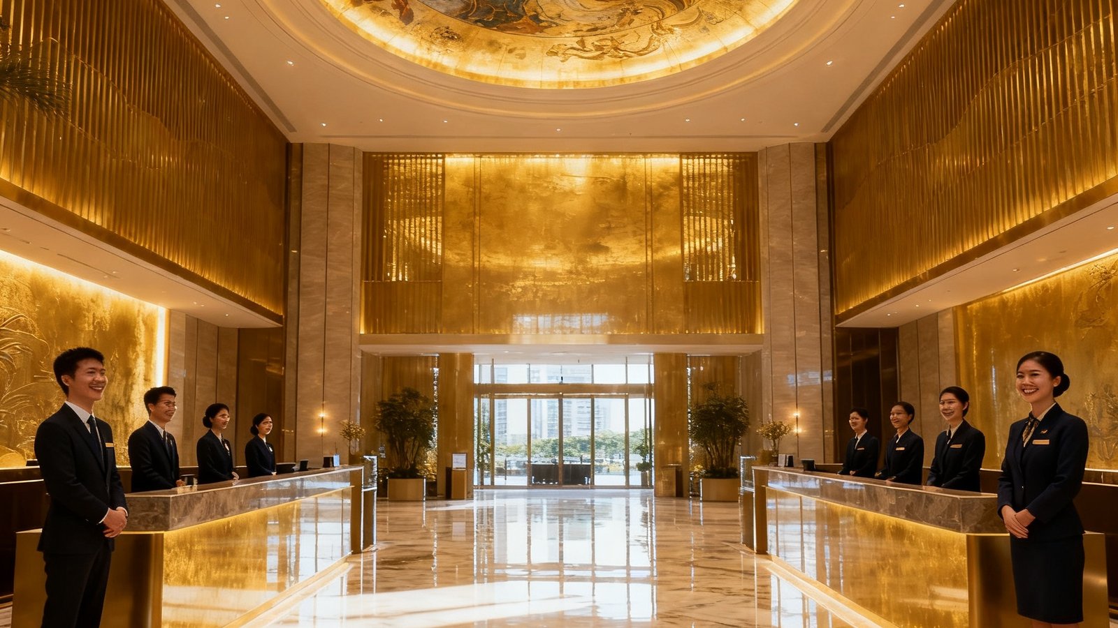 太阳贵宾会集团位于深圳福田中心区的总部接待大厅，挑高十米的艺术穹顶搭配意大利大理石地面，金色灯光映照出典雅奢华的商务氛围，前台管家团队身着深色制服微笑迎候。