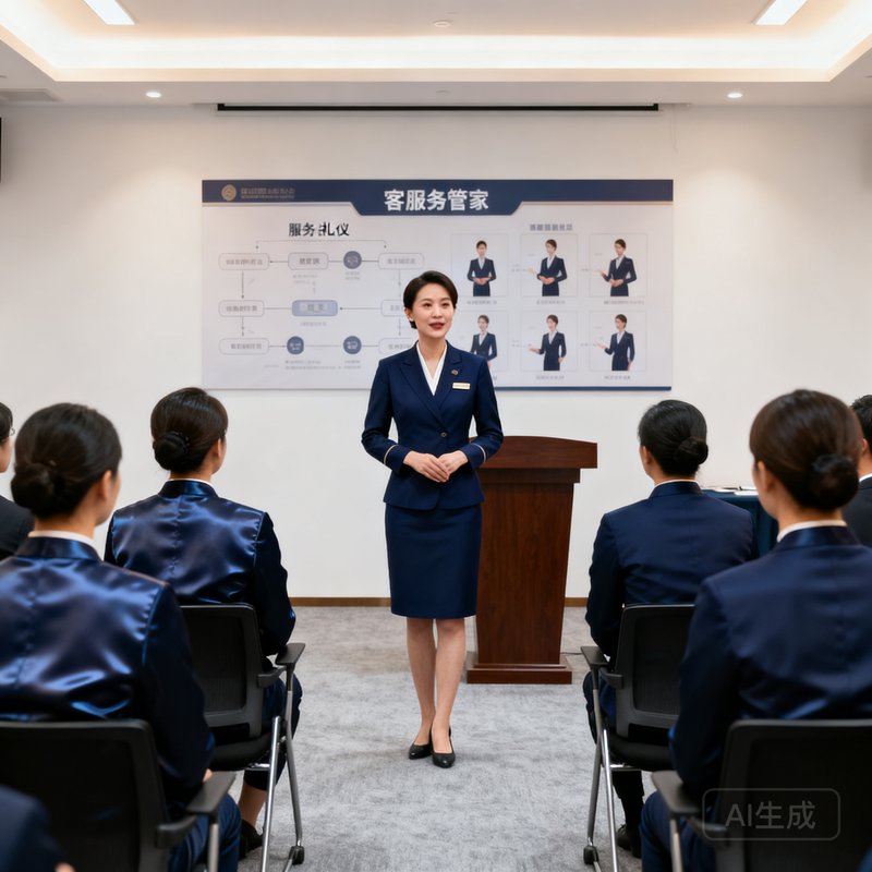 客服总监方芷若女士，三十多岁，气质优雅，身着深蓝色制服，正在培训室为新入职管家讲授服务礼仪课程。